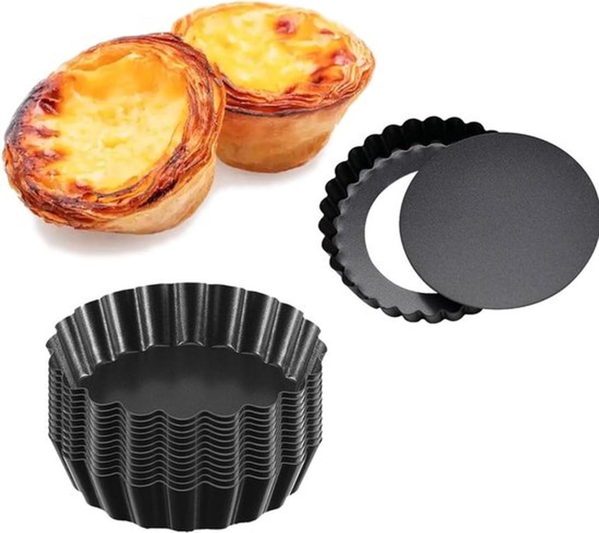 12 stuks Quichevormpjes - Bakvorm - Bakvormen - Quichevorm met losse bodem - Quiche Bakvorm - Taartvorm - Cakevorm - Gebak vormen - Antiaanbaklaag - Vaatwasserbestendig - 4 Inch