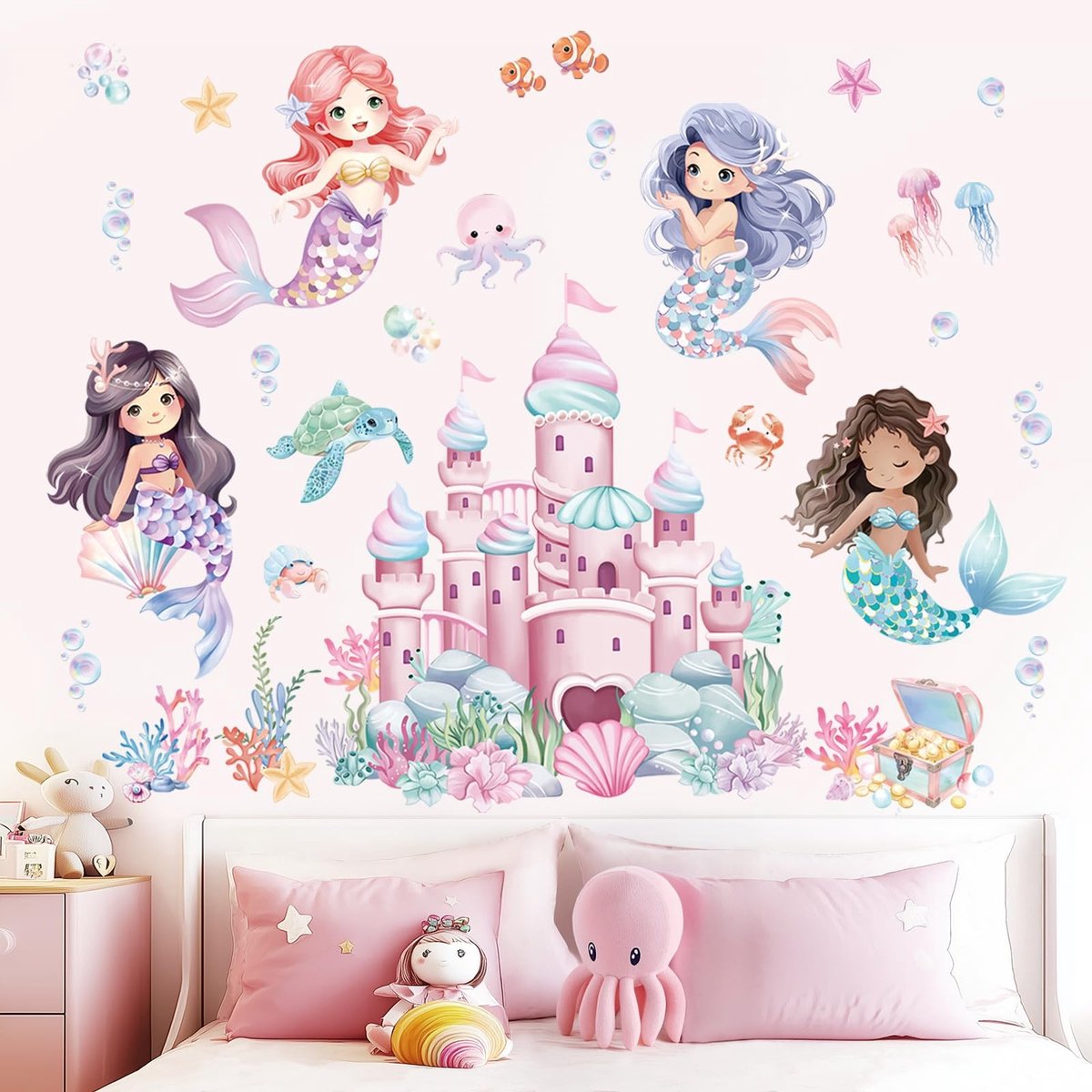Dailygoods - Cosensi - Dailygoody - Muurstickers - Zeemeermin Kasteel - Peel and Stick - Multikleur - Wanddecoratie - Baby- en Kinderkamer - Onderwater Thema