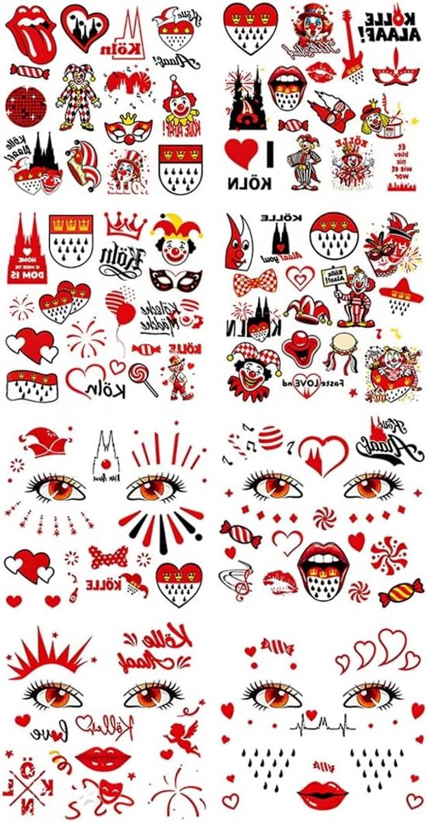 Carnavalskostuum accessoires - 8 tijdelijke tatoeages in rood en wit voor dames en vrouwen tijdens carnaval en feestelijke gelegenheden