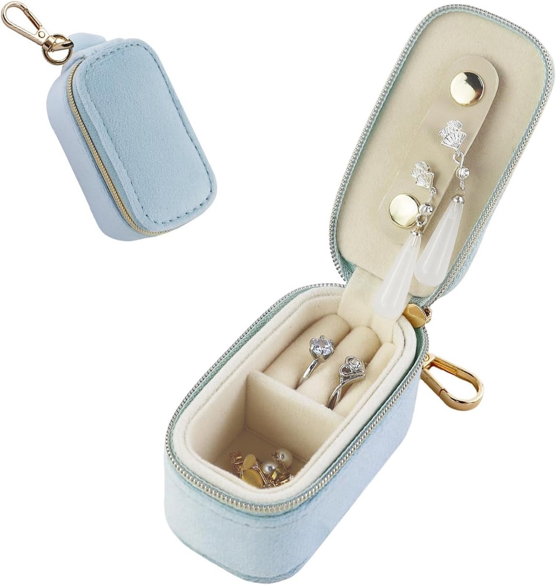 Draagbare Sieradenbox voor Vrouwen, Velours Mini Opbergdoos voor Kettingen, Ringen en Oorbellen, Ideaal voor Reizen en Organisatie (Blauw)