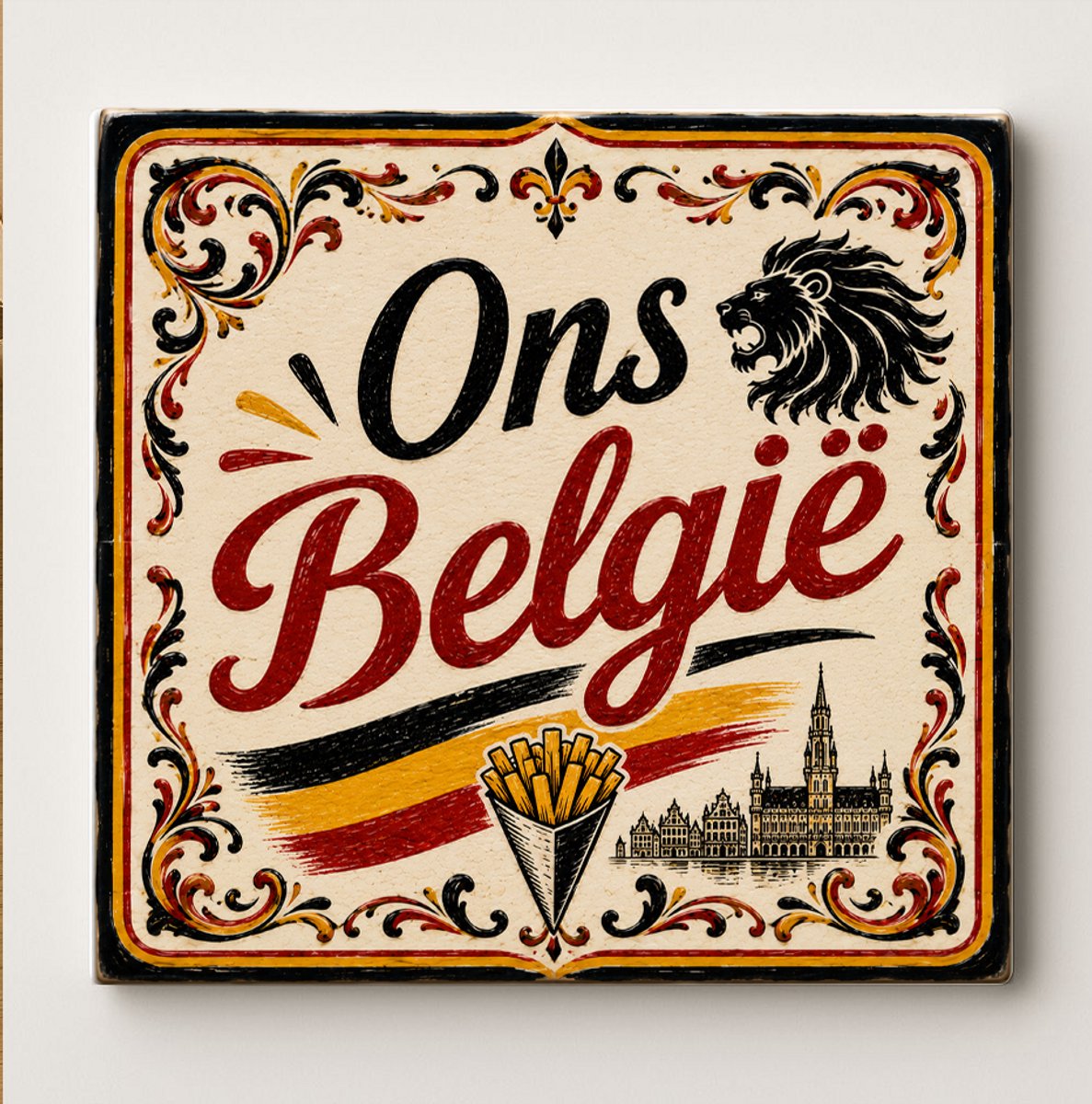 Ons België Decoratieve Keramische Tegel – Belgische Leeuw Wandtegel – Rood Zwart Geel Frie