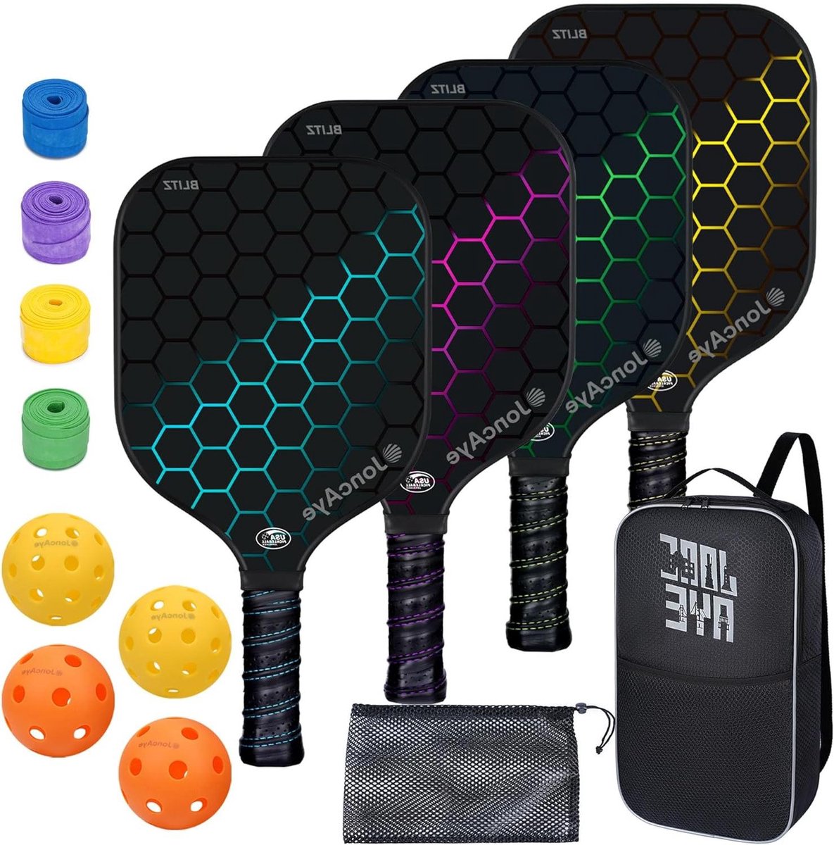 Pickleball Paddles Set - Rackets met Ballen - Sporten Buiten - USAPA Goedgekeurd - Set van 4 - Multicolor