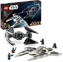 LEGO Star Wars 75348 set met doos en gebouwde modellen van Mandalorian Fang Fighter en TIE Interceptor. Met 4 minifiguren.