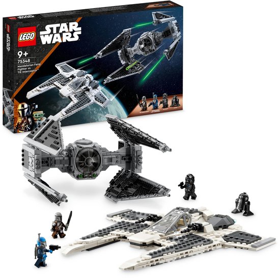 LEGO Star Wars 75348 set met doos en gebouwde modellen van Mandalorian Fang Fighter en TIE Interceptor. Met 4 minifiguren.