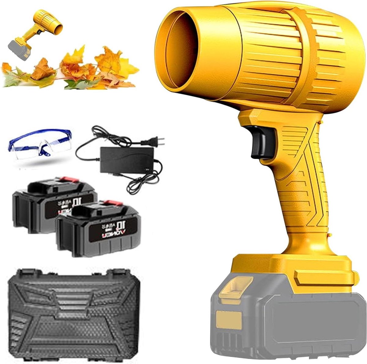 Turboblazer, 300.000 Tpm Draagbare Elektrische, Draadloze Bladblazer, Mini-jet Droogventilator, Inclusief 2 Accu's, Oplader, Gereedschapskist en Veiligheidsbril