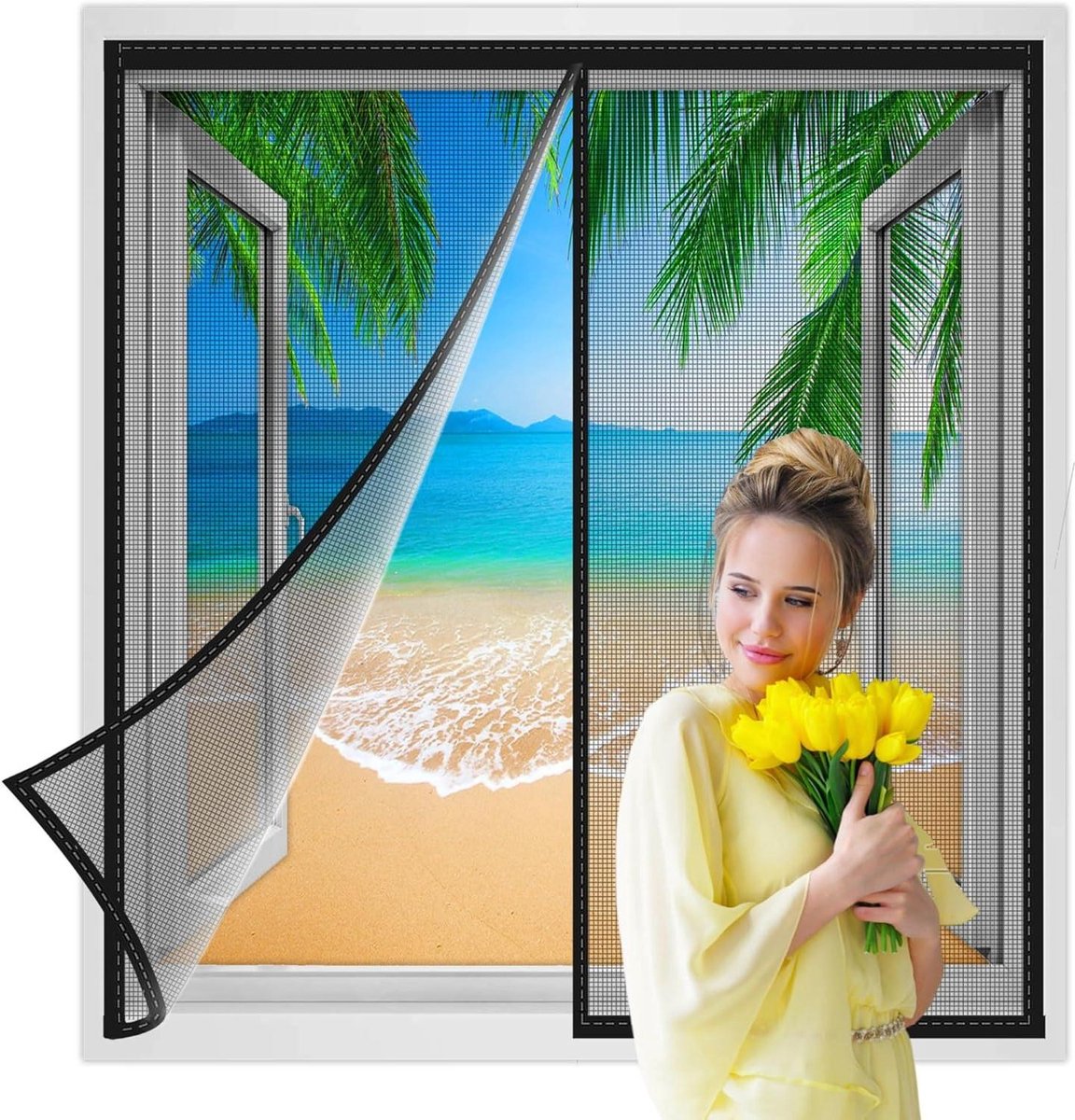 Vliegenhor raam insectenhor magneet vliegengordijn 120x170cm Zeer eenvoudige zelfklevende installatie zonder boren voor balkondeur woonkamer patiodeur Zwart Versterkte