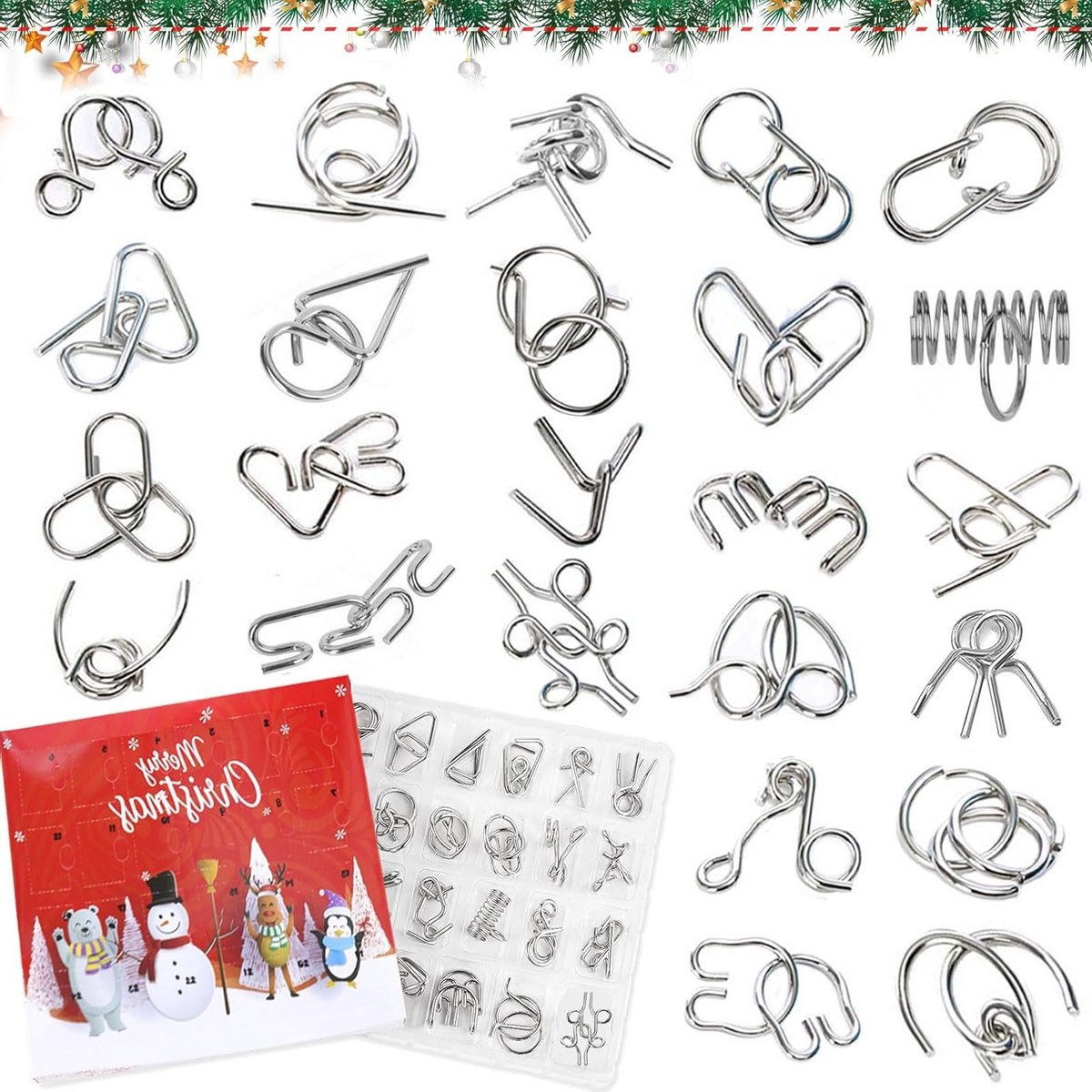 Adventskalender 2025, Puzzel met 24 Stukken voor Kinderen, Metalen Kerstspellen, Aftelkalender, Vaardigheidsspel, Puzzelcadeaus voor Kinderen en Volwassenen, Kerstmis Activiteiten