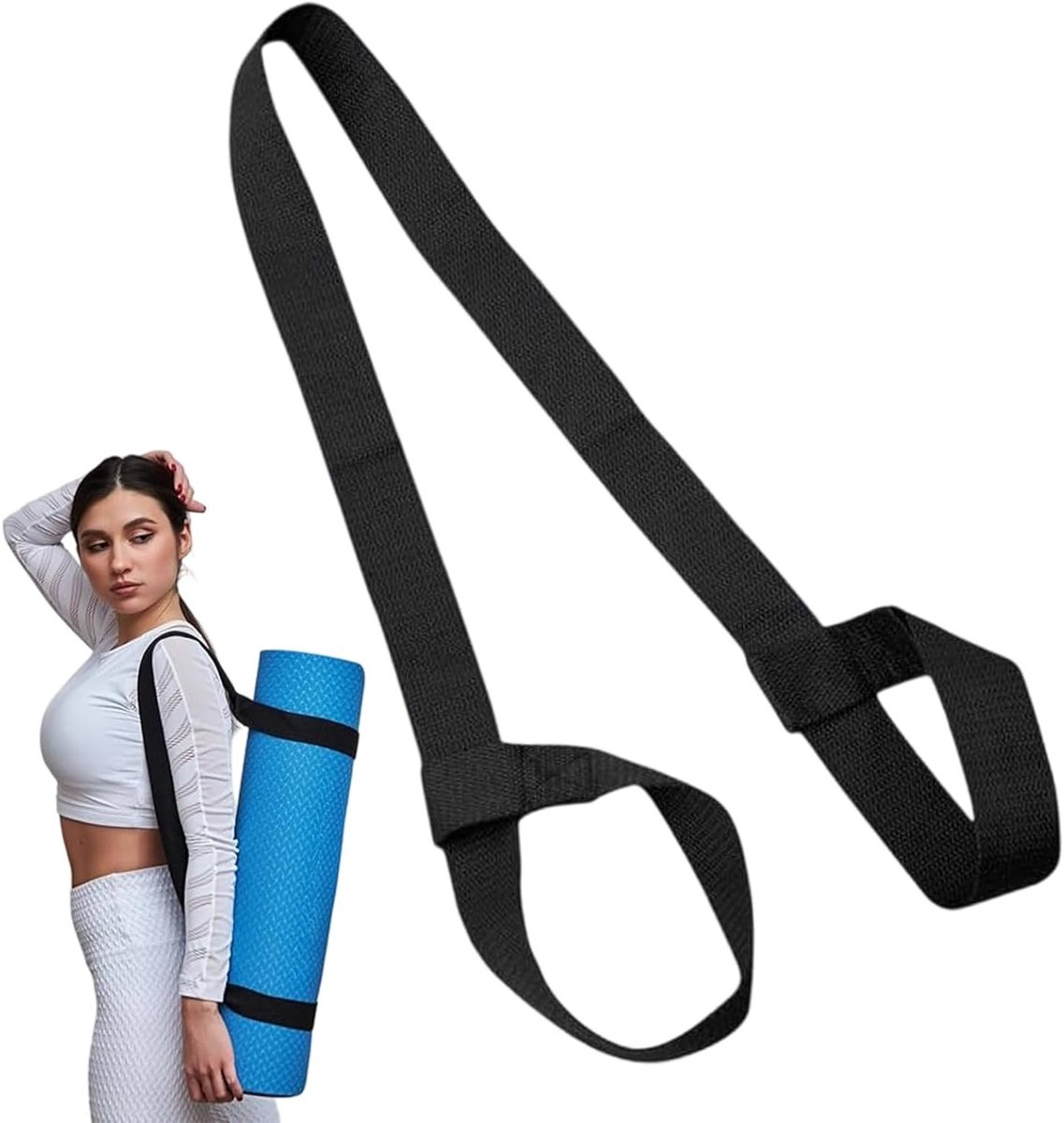 Draagbare Yoga Mat met Verstelbare Elastische Strap voor Pilates en Fitness, Zwart, Geschikt voor Alle Yoga Matten