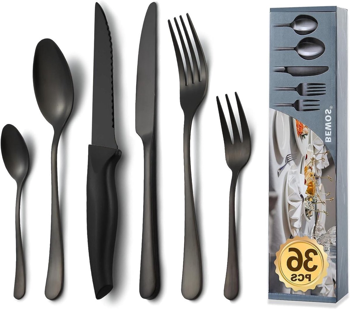 Complete bestekset voor 6 personen, 36-delige set met steakmessen, zwart matte afwerking, roestvrij staal, vaatwasserbestendig, ideaal voor dineren en feesten