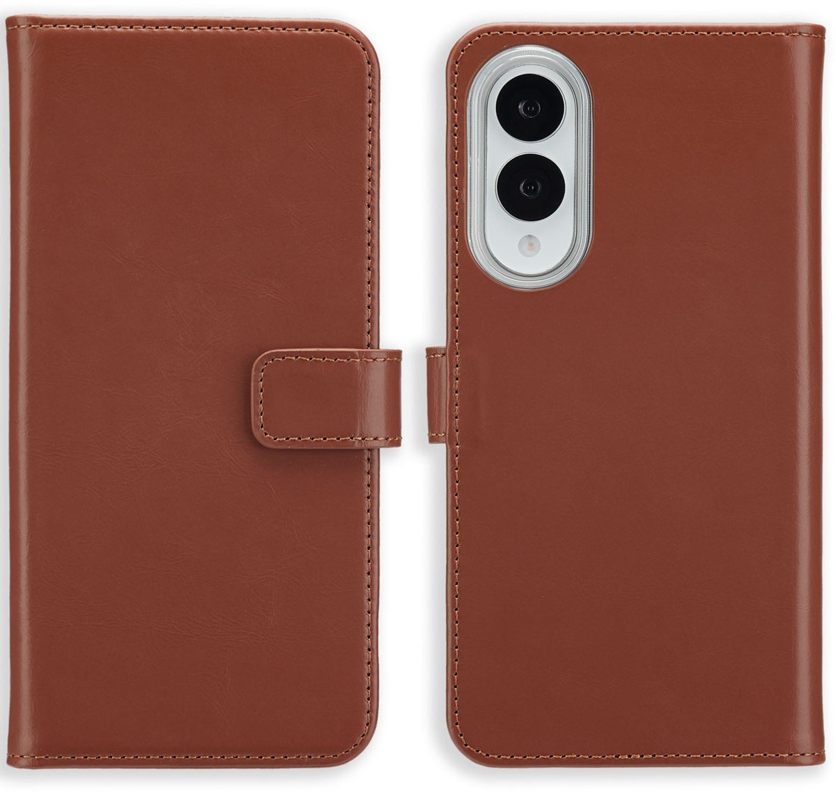 Selencia Hoesje - Geschikt voor Samsung Galaxy S25 Edge - Echt Lederen Bookcase - Lichtbruin
