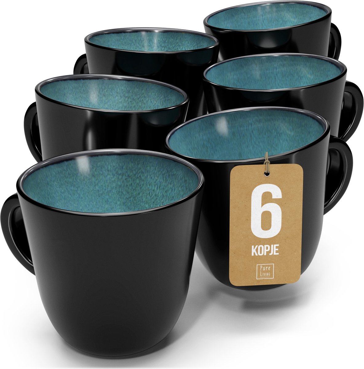 Pure Living Set Van 6 Koffiemokken - 460ml - Grijsblauw - Aardewerk - Vaatwasserbestendig - Magnetronbestendig - Ibiza Dark