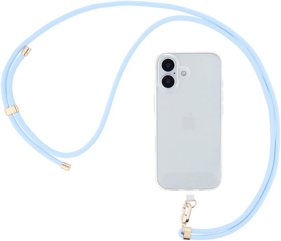 Cordon de téléphone bleu clair autour d'un iPhone transparent.