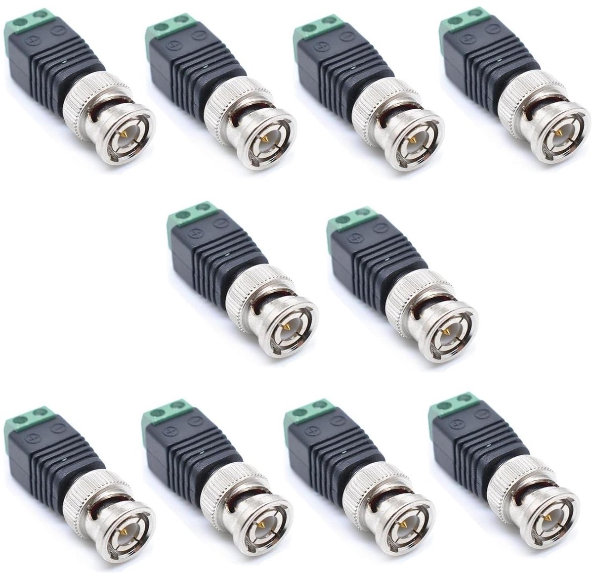 BNC Connector Adapter - Coaxiaal Balun - Camera Beveiliging - Schroef Terminal - 10 Stuks - Zilver Zwart Groen