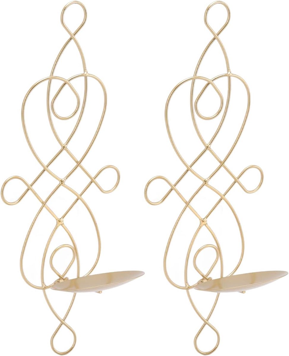 Wandkaars Kandelaar - IJzeren Houder - Sfeerverlichting Thuis - Unieke Vormgeving - 38 x 15 cm - Goud