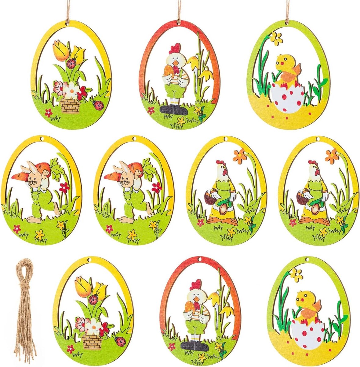 Kleurige Houten Paasdecoraties, 10 Stuks Paashangers, Eieren en Konijnen voor Creatieve Knutselprojecten en Feestversiering voor Kinderen