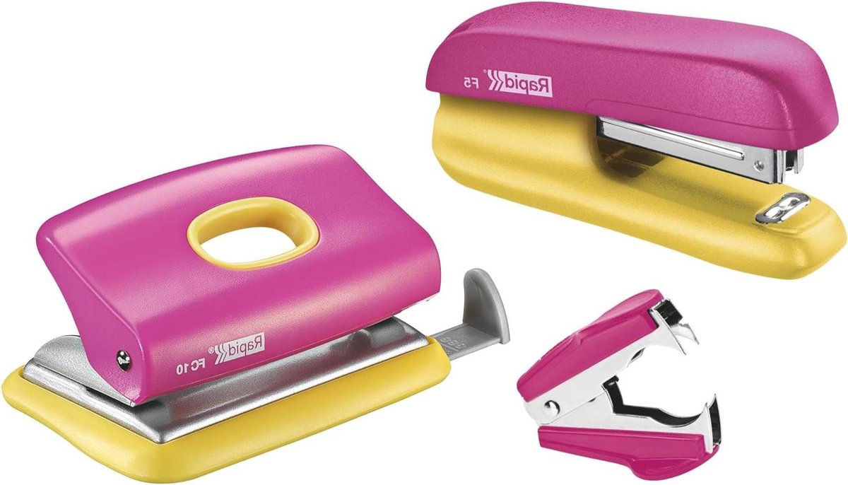 Mini nietmachine set - Perforator en nietverwijderaar - Papieren organiseren - Compact en draagbaar - 10 vel capaciteit - Roze/Geel