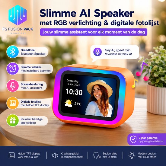 Slimme AI Speaker FS Fusion Pack met RGB verlichting, digitale fotolijst, Bluetooth, spraakbesturing, wekker, TFT display