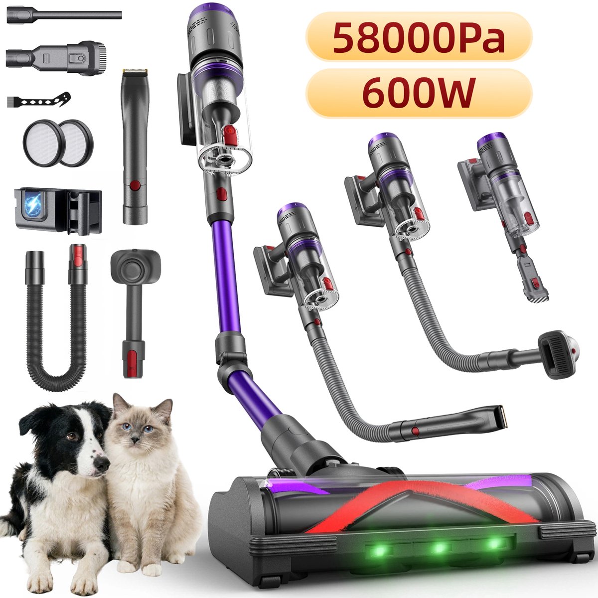 Draadloze Accustofzuiger 58 kPa met Dierenborstel en Haartrimmer – 75 Min Looptijd, LED-display, 6-traps Filtratie, Flexibele Slang, 1,6 L Stofreservoir