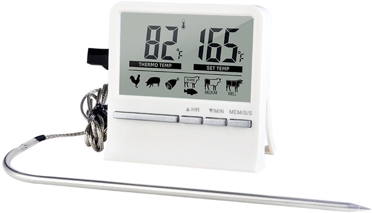 Oneay Digitale kookthermometer voor vlees en voedsel, 304 roestvrijstalen sonde, timer en Celsius/Fahrenheit-conversie, oven en barbecue.