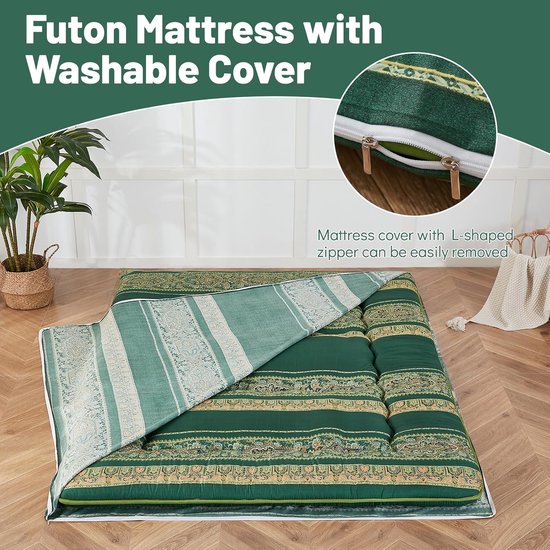 Japanse Vloermatras - Futonmatras Tatami - Kamperen Logeerkamer - Wasbare Hoes Opvouwbaar - Twin 39x80 inch - Boheems Groen — afbeelding 4