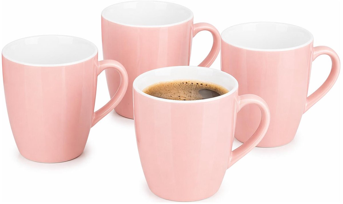 Vessia Design koffie mokken / bekers met oor - 4x stuks - lichtroze - keramiek - 410 ml - servies - kopjes