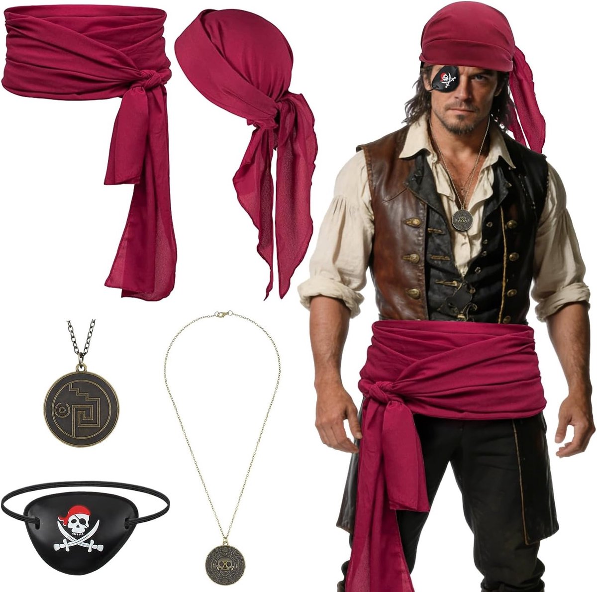 Piratenkostuum Set voor Mannen met Accessoires: Piratenhalsketting, Riem, Rode Sjaal en Ooglap voor Carnaval en Halloween