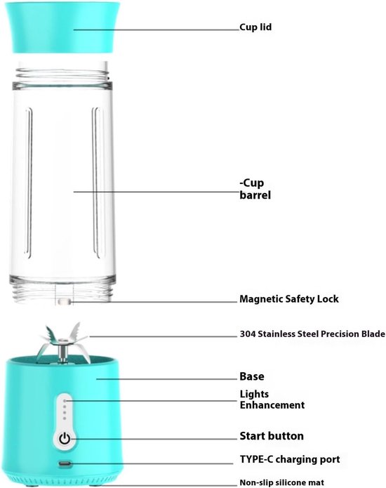 Oneay Draagbare Blender met USB-oplaadfunctie - Compacte Smoothiemaker met 500 ml Glazen Beker - 304 RVS Messen - Ideaal voor Shakes en Smoothies (Blauw) van Merkloos — afbeelding 4