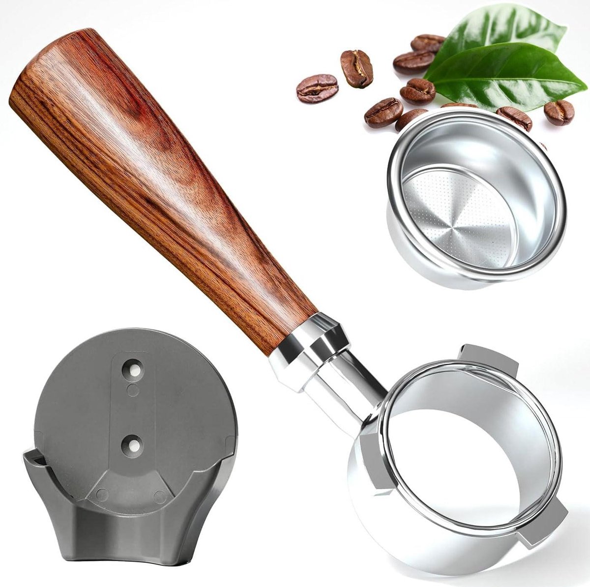 Bodemloze Portafilter - Filterhouder - Espresso Bereiden - Massief Houten Handvat - 54 mm - Zilver