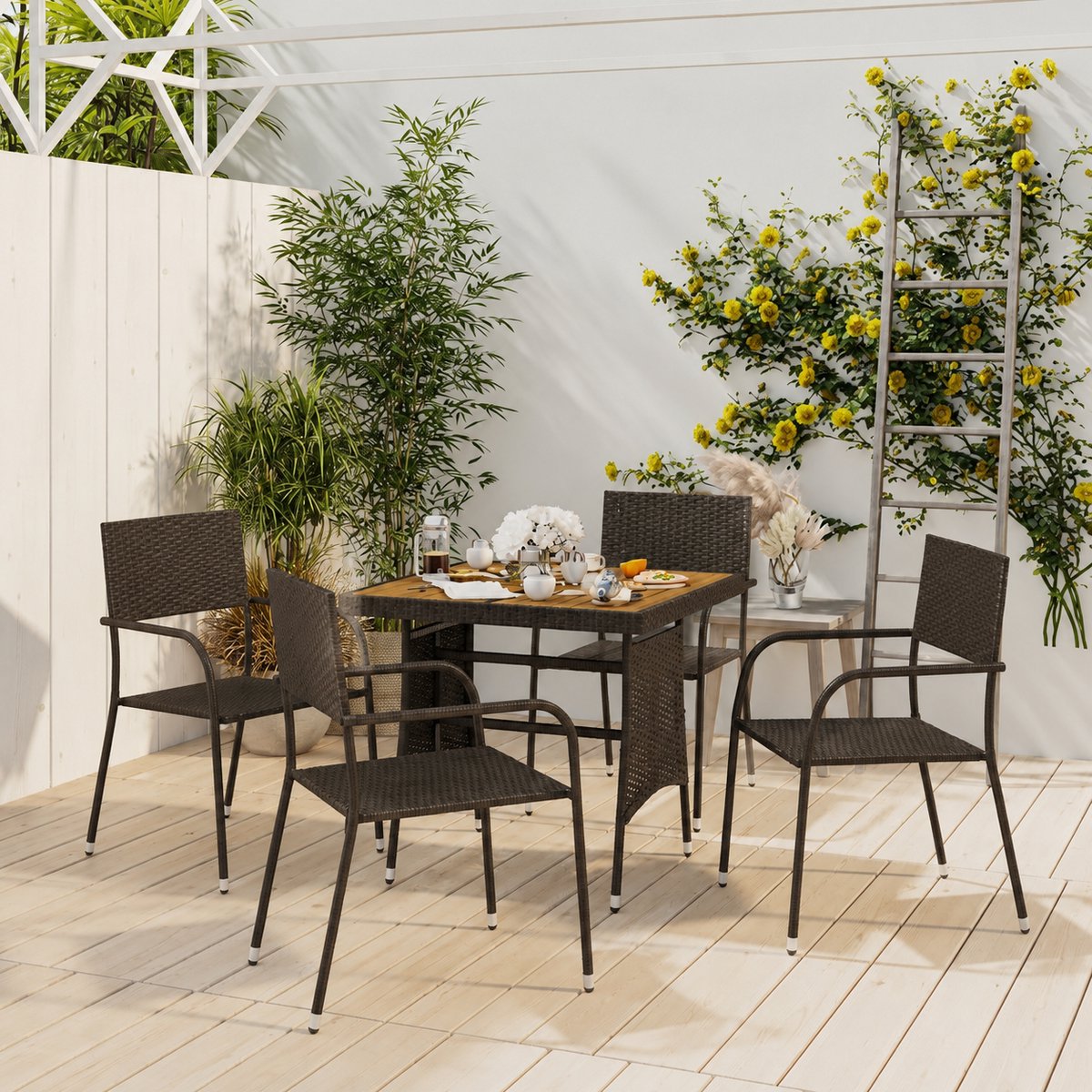 Luxe Polyrotan Tuinset 5-Delig – Moderne Tuinmeubelset met Acaciahouten Tafelblad en 4 Comfortabele Tuinstoelen – Zwarte Outdoor Tuinlounge voor Terras, Balkon en Tuin Industrohome