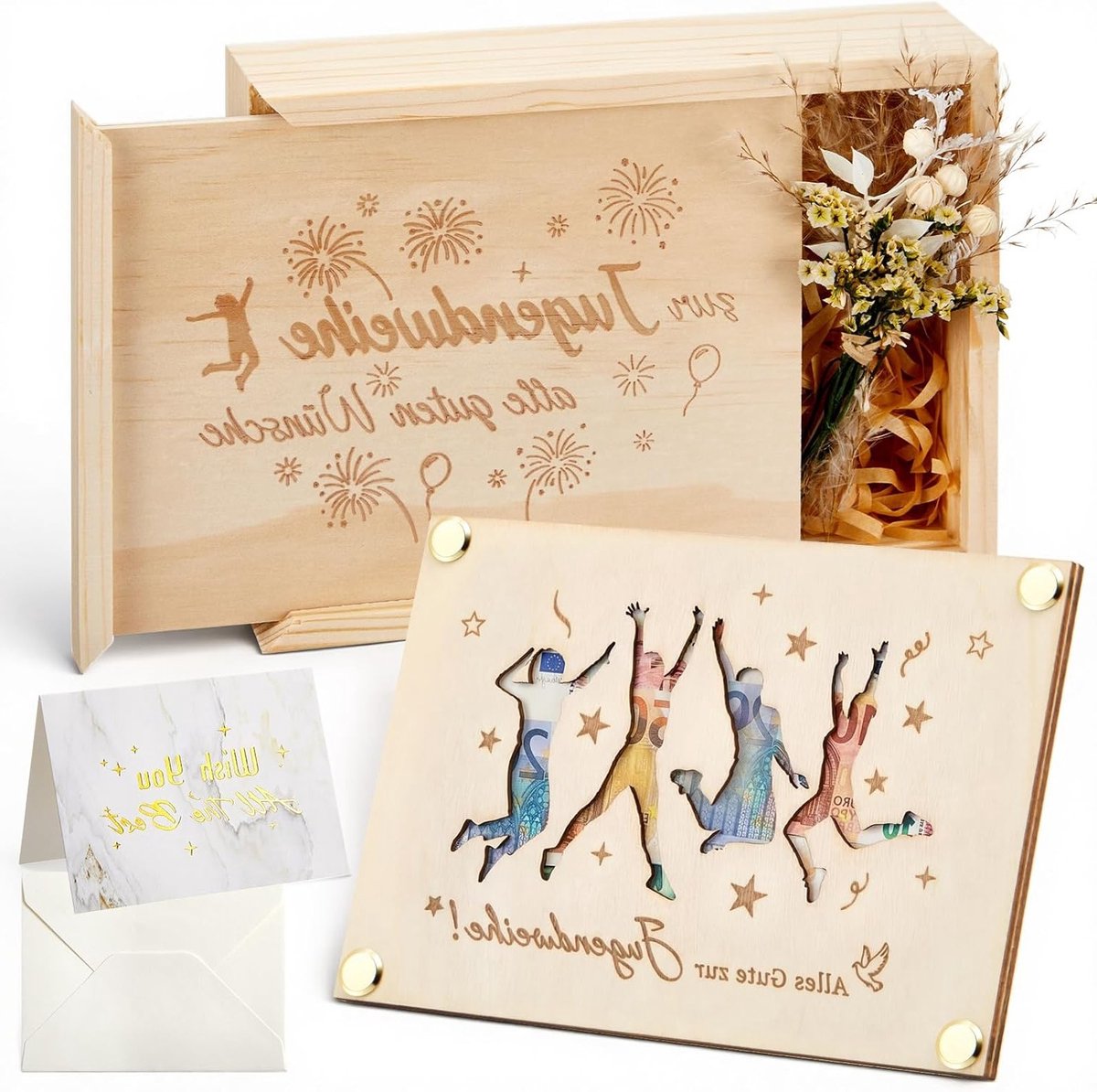 Set van 4 Houten Geldgeschenken voor Jeugdwijding met Geldgeschenkdoos, Communiekaart en Bloemendecoratie voor Jongens en Meisjes