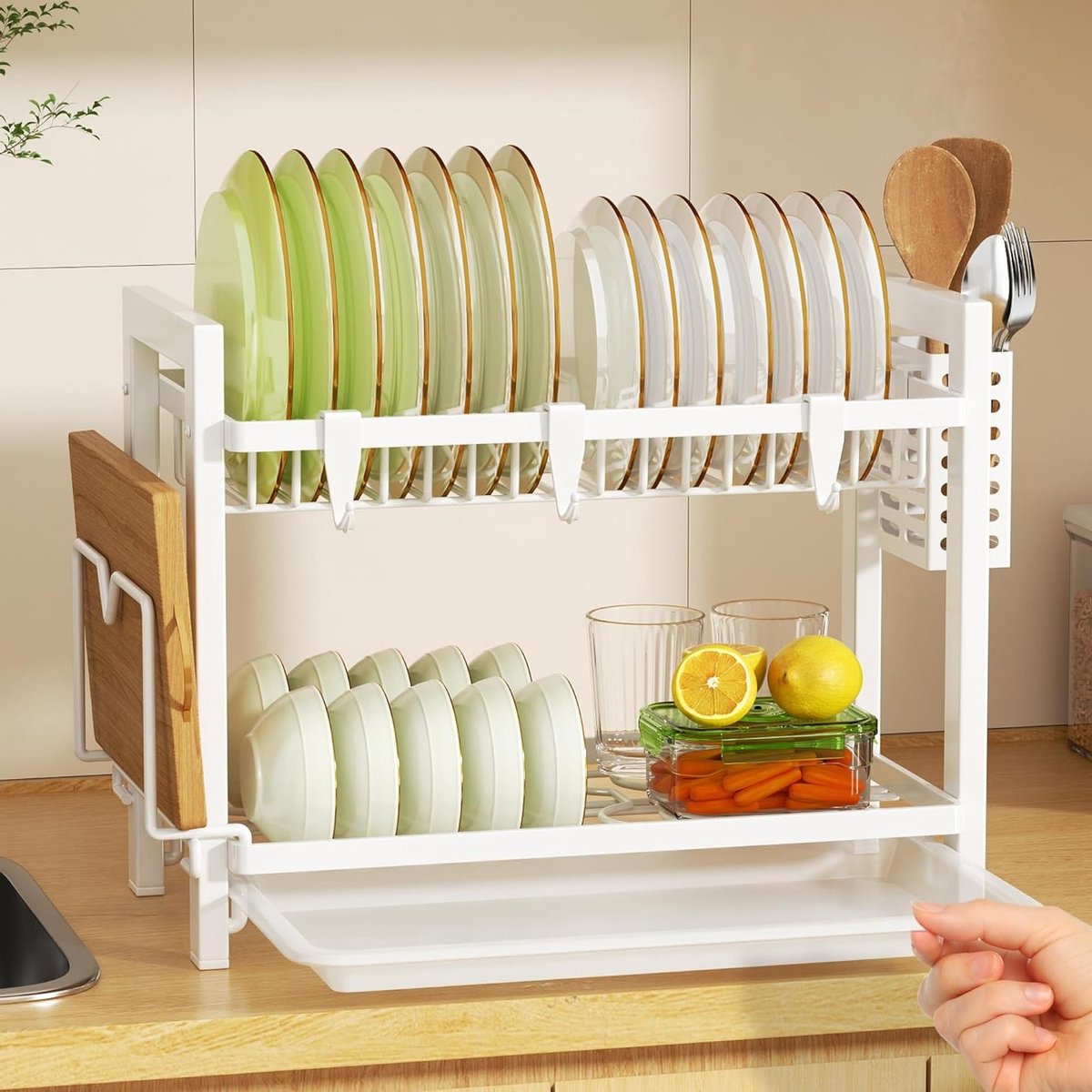 2-Tier Witte Afwasrek met Druiprek, Bestekhouder en Snijplankhouder voor Keukenblad