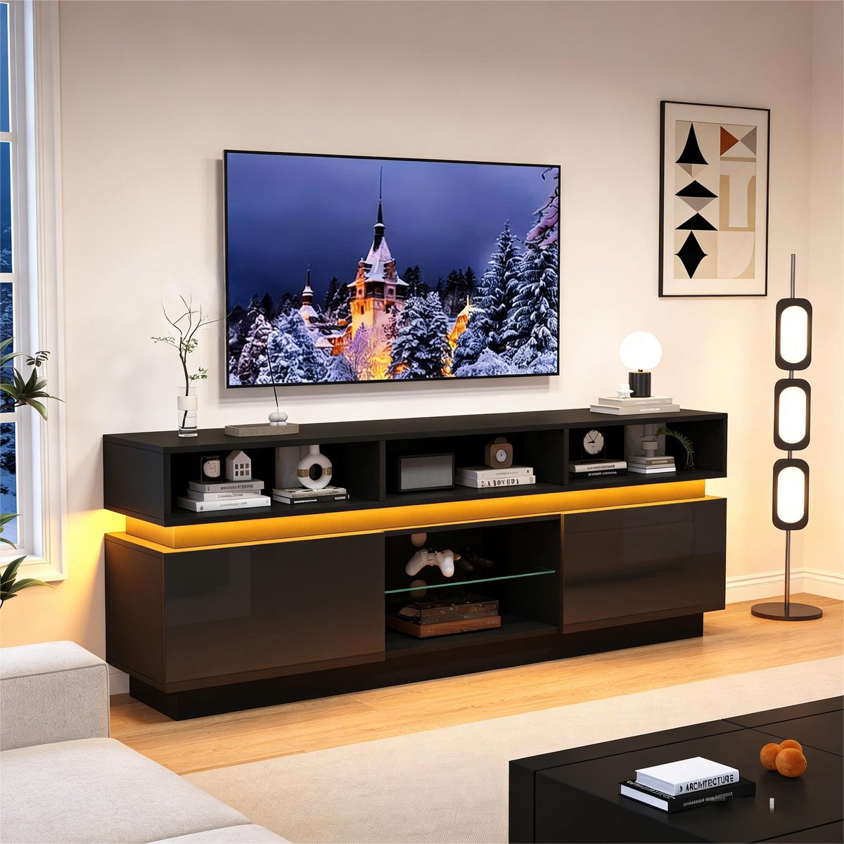 MODENUIT Tv-Meubel - Met LED En 10 Opbergvakken - Voor Woonkamer En Tv Tot 60 Inch - MDF Glas - 160x35x60 Cm Zwart