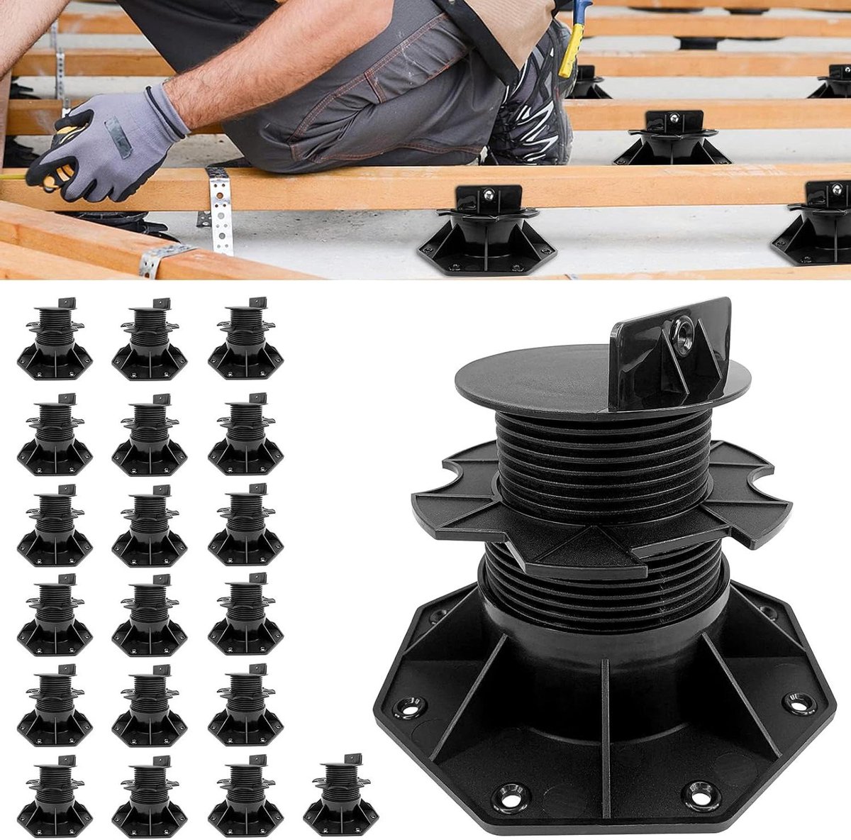 Verstelbare Stelpoten - Terrasdragers Balkdragers - Terras Onderbouw - Traploos Verstelbaar - 60-140 mm 20 Stuks - Zwart