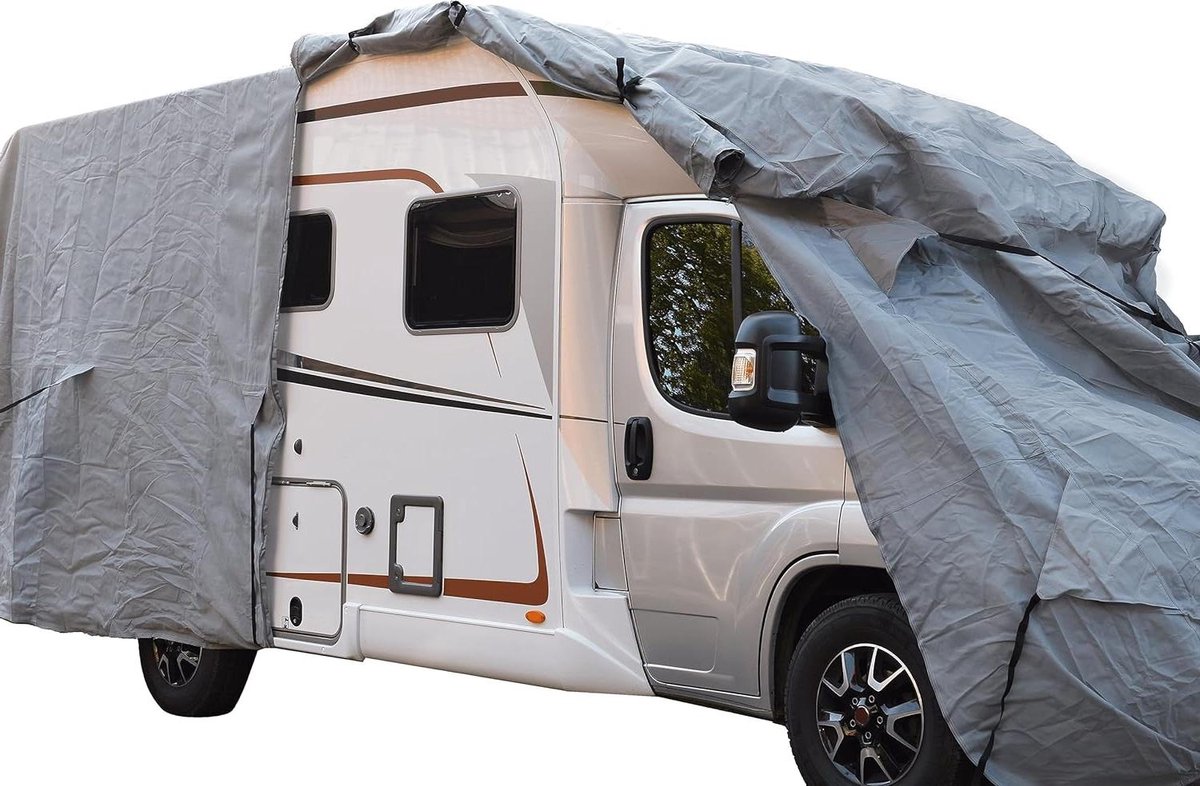 Camper Beschermhoes - Afdekzeil Caravan - Voertuig Beschermen - Met Reflectoren - XL 870 cm - Grijs