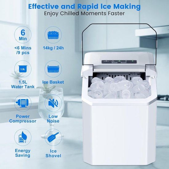 IJsblokjesmachine, 9 ijsblokjes in 6 minuten, 14 kg in 24 uur, 2 formaten bolvormig ijs, zelfreinigende, draagbare ijsmachine met handvat, ijsschep en mandje voor thuis/keuken/kantoor/bar (wit) — afbeelding 2