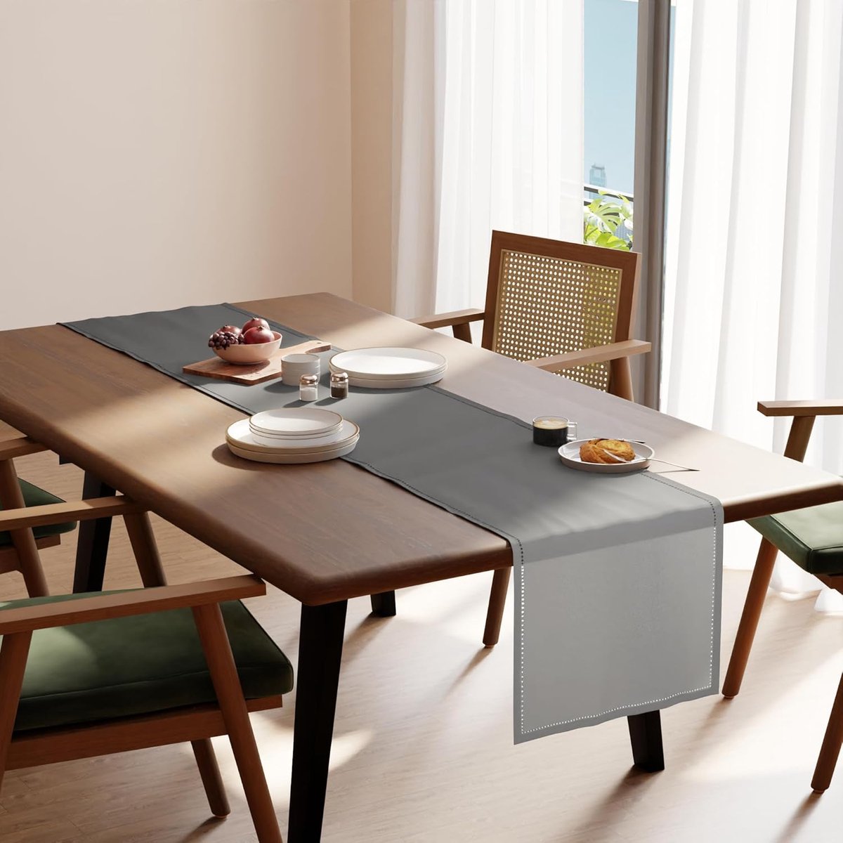 Katoenen Tafelloper met Randdetail voor 6-Persoons Eettafel 40x150 cm Grijs