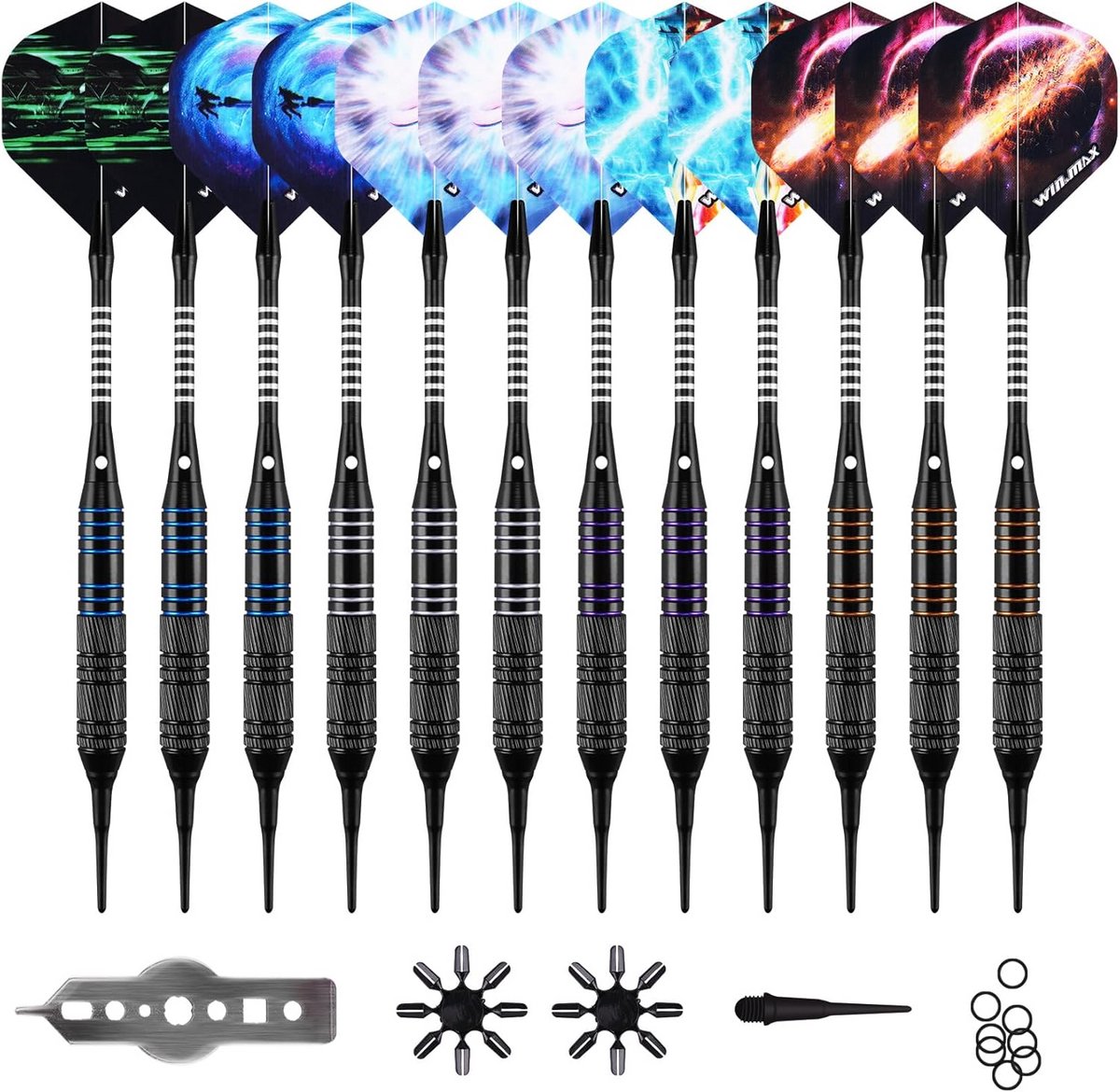 Zachte dartpijlen set - Dartpijlen kunststof - Elektronisch bord - Streamline punten - 18 gram - Regenboog/blauw/zwart