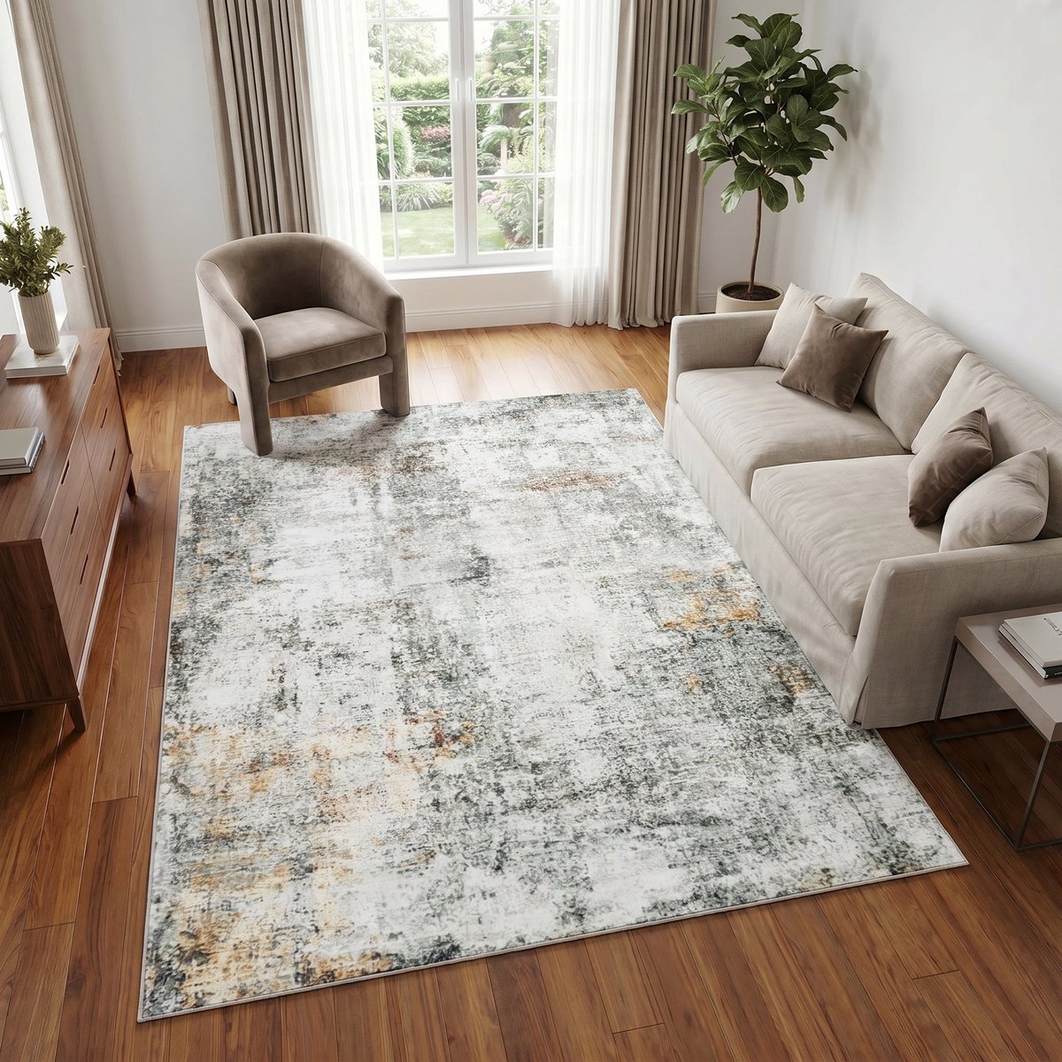 TAPISO Venezia Vloerkleed Woonkamer Laagpolig Grijs Geel Abstract Modern Antislip Tapijt S