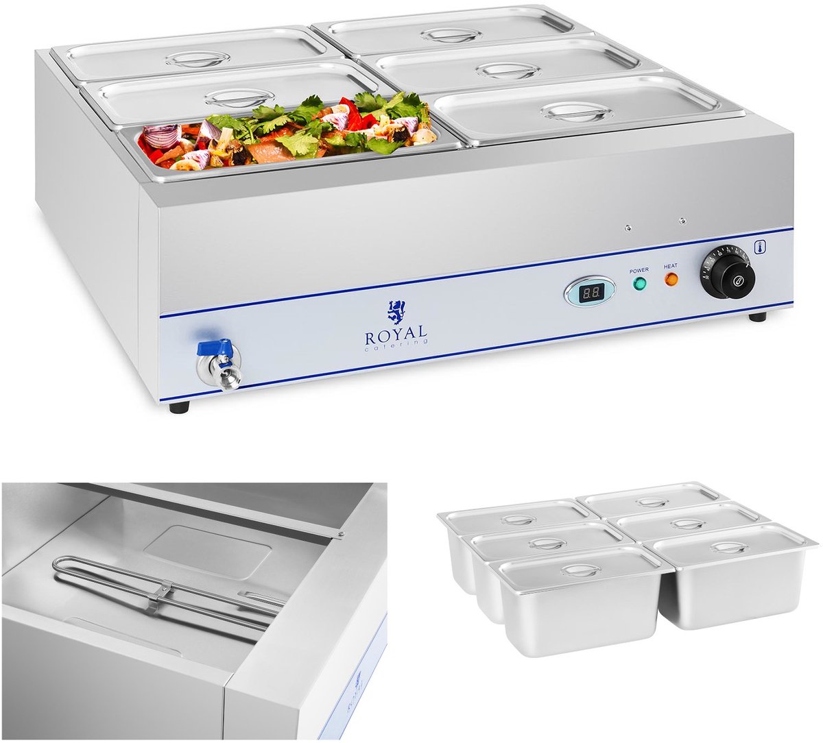Bain-Marie - 2.000 W - 6 x 1/3 GN-containers - met aftapkraan - Royal Catering