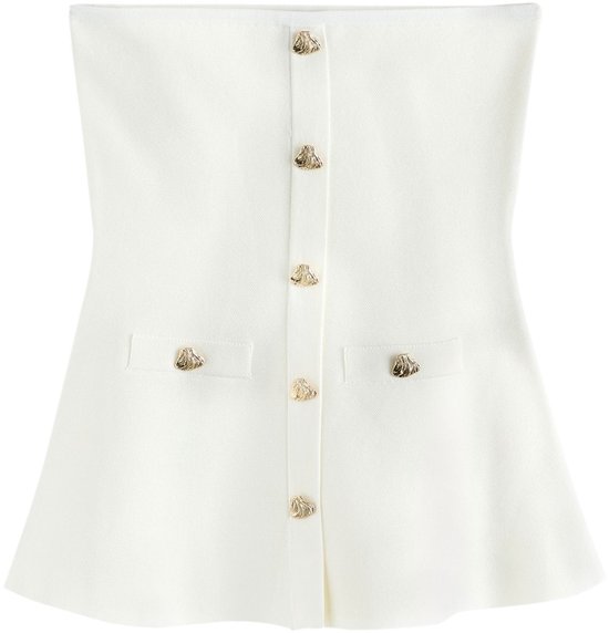 Witte bandeau-top met gouden knopen en opgestikte zakken.