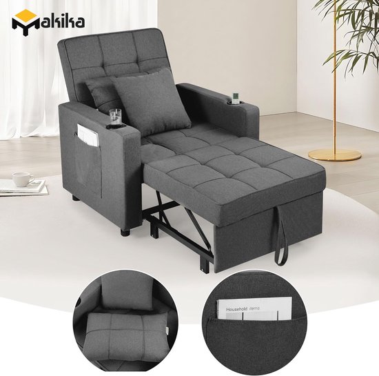 Sleeping Chair Sofa Bed Tommy Foldable 3in1 with Armrests - Bed Function - Adjustable Backrest - 2 Cushions Cup Holder - Up to 150 kg Folding Bed Sofabed Bed Chair in Dark Grey — afbeelding 3