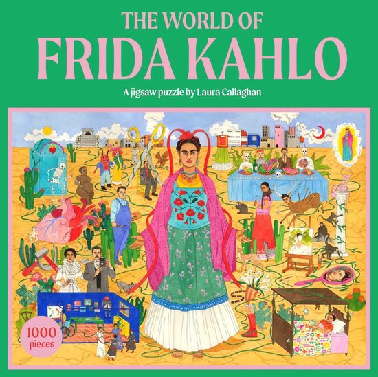 De voorkant van de 'The World of Frida Kahlo' legpuzzel, met centraal Frida Kahlo in kleurrijk gewaad, omringd door scènes uit haar leven.