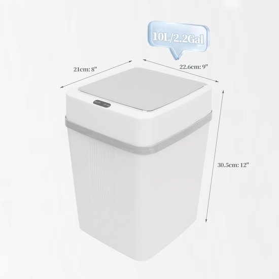 Witte prullenbak met grijze band. Afmetingen 21x22.6x30.5cm, capaciteit 10L/2.2Gal.