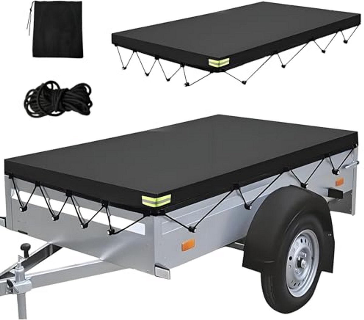 Aanhangerzeil - Plat dekzeil - Transport beschermen - Wind en waterdicht - 214x122x13 cm - Zwart