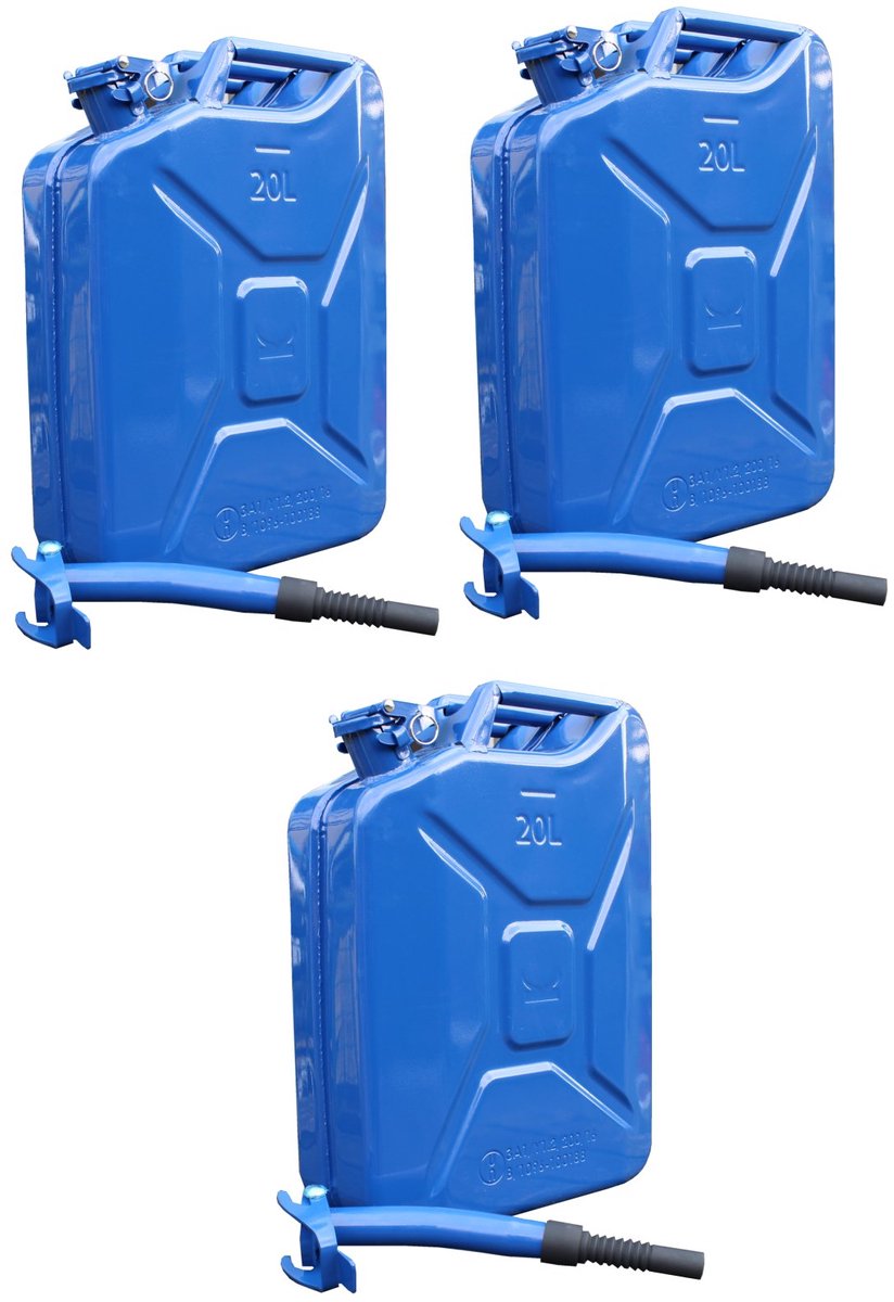 TRUTZHOLM 3x Metalen Jerrycan 20L - Donkerblauw - Met UN-Goedkeuring - Inclusief 3x Flexibele Schenktuit Diesel Benzine Set