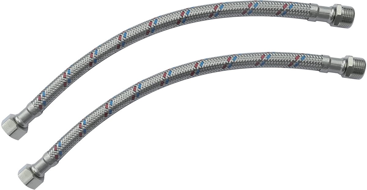 Dailygoods- Voedingsslangen Set van 2 - Flexibele Aansluitslang - 300 mm - 3/8" Mannelijk/Vrouwelijk - Gevlochten Staallaag - Maximale Temperatuur 90 °C