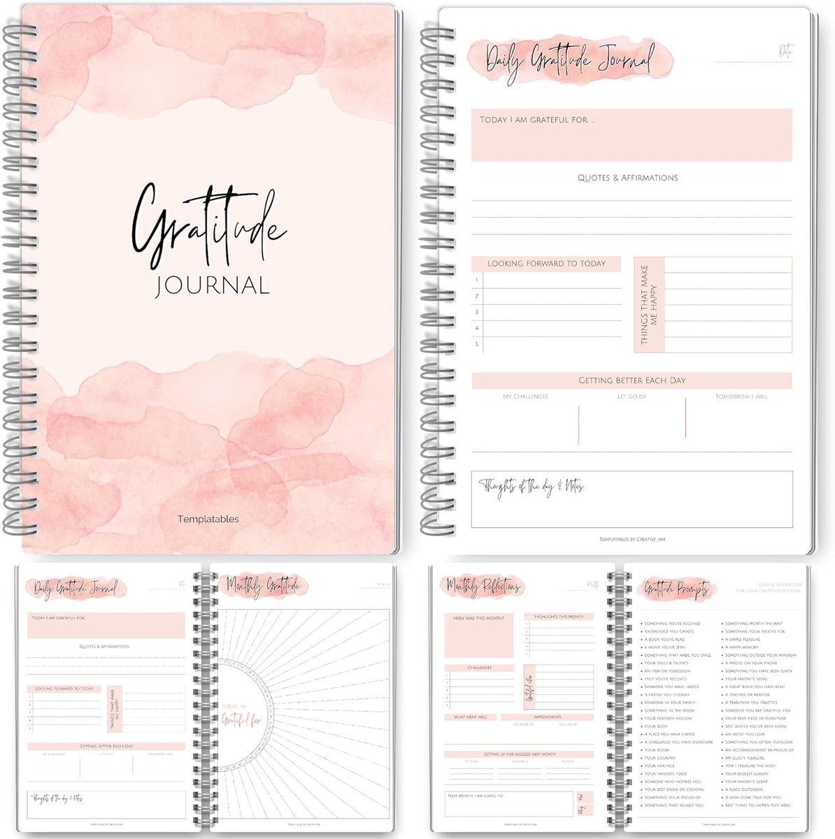 Dankbaarheidsdagboek - Mindfulness Planner - Zelfzorg Ontwikkelen - 90 Dagen Programma - A5 Formaat - Roze Aquarel