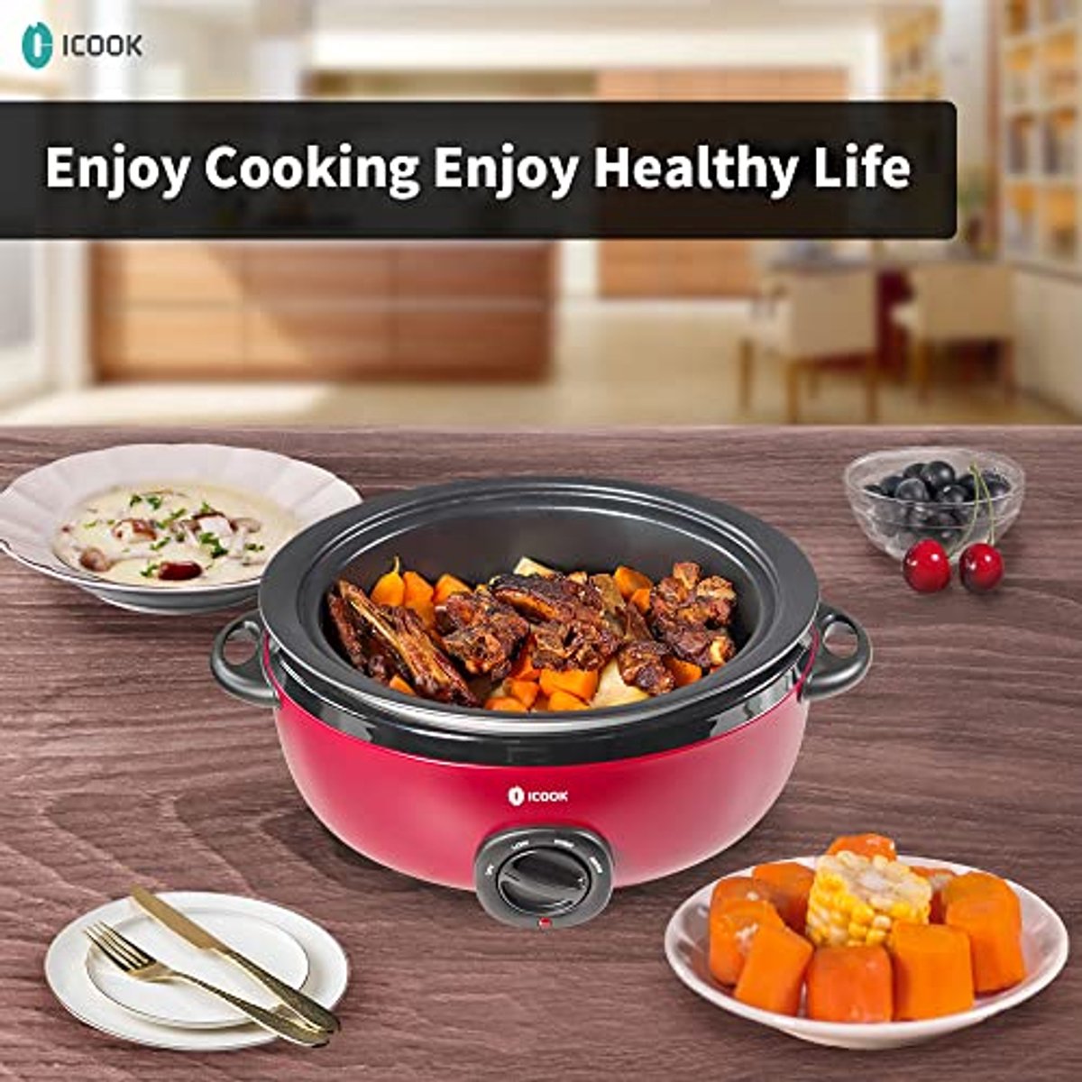 Elektrische Stoofpan - Slowcooker - Gerechten Bereiden - Afneembare Pan - 65 Liter - Rood – foto 6