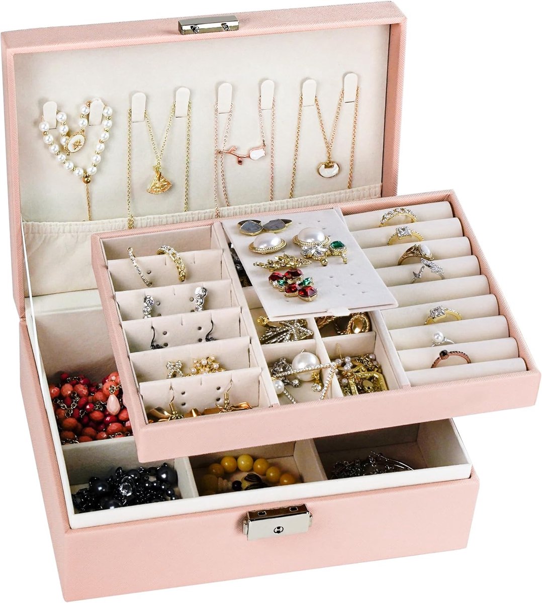 Sieradendoos - Juwelendoosje Opbergdoos - Sieraden Opbergen - Twee Lagen - 23 x 18 x 9 cm - Roze