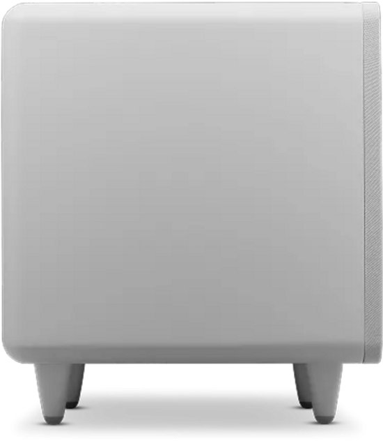 Zijaanzicht van een witte kubusvormige subwoofer met stoffen bekleding, staand op vier witte pootjes.